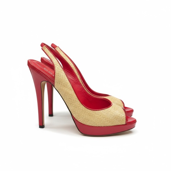 Bebe ᪥ Katie Woven Straw Platform Slingback Heeled Sandals ᪥ Red Leather ᪥ 6M ᪥ - Picture 1 of 16